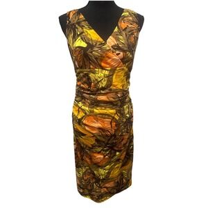 David Meister Midi Dress 12 Brown Floral Print Stretch Lining Ruched Sleeveless